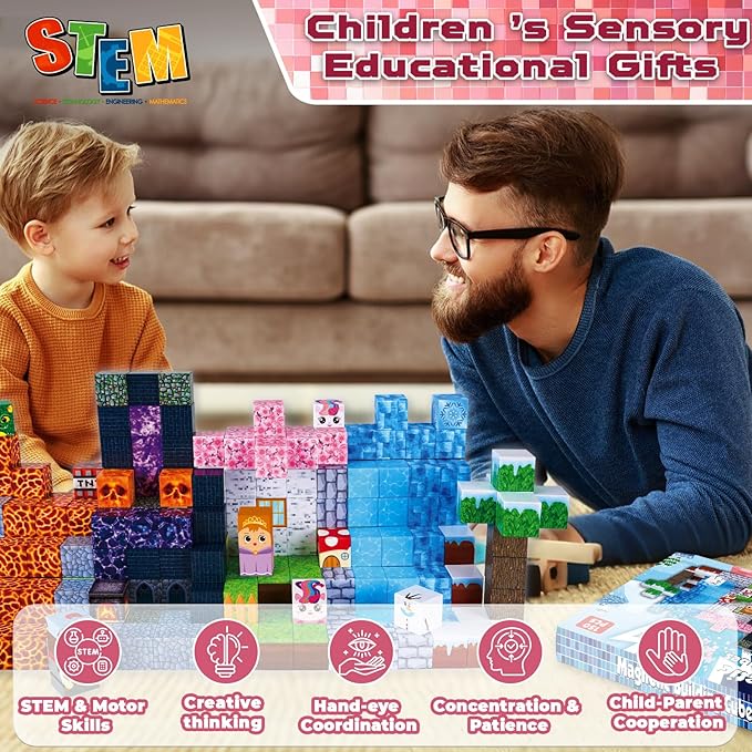 Magnetic Blocks-150PCS Magnetic Building Blocks Magnet Cubes Stacking Dark Forest Glacier Castle, STEM Montessori Sensory Toys for Kids Boys Girls Ages 4-8 Holiday Birthday Easter Gifts
