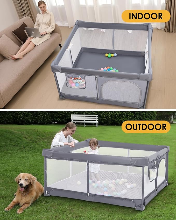 Foldable Baby Playpen with Non-Removable Thick Mat, Extra Large Collapsible Play Yard for Babies & Toddlers, Portable Travel Playpen with Gate, Safe Activity Center (51"×51" Gray)