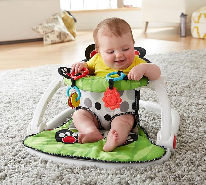 Fisher-Price Portable Baby Chair Sit-Me-Up Floor Seat with Developmental Toys and Crinkle & Squeaker Seat Pad, Panda Paws