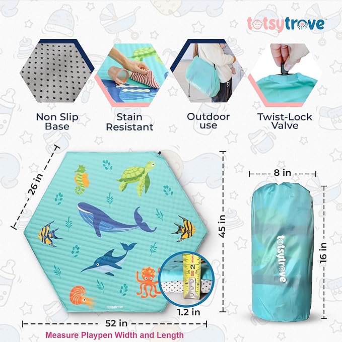 Self Inflating Hexagon Playpen Mat - 52" x 45" Non-Slip Cushioned Portable Play Area - Thick Soft Baby Play Mats for Floor - Easy Care Playmat for Infants and Toddlers - Baby Crawling Mat - Marina