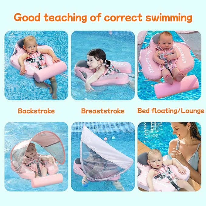 Mambobaby Float with Canopy and Tail New Upgraded Non-Inflatable Baby Pool Float Mambo Float Swim Trainer Solid Infant Swim Float Adjustable Pearl Foam Baby Swim Ring