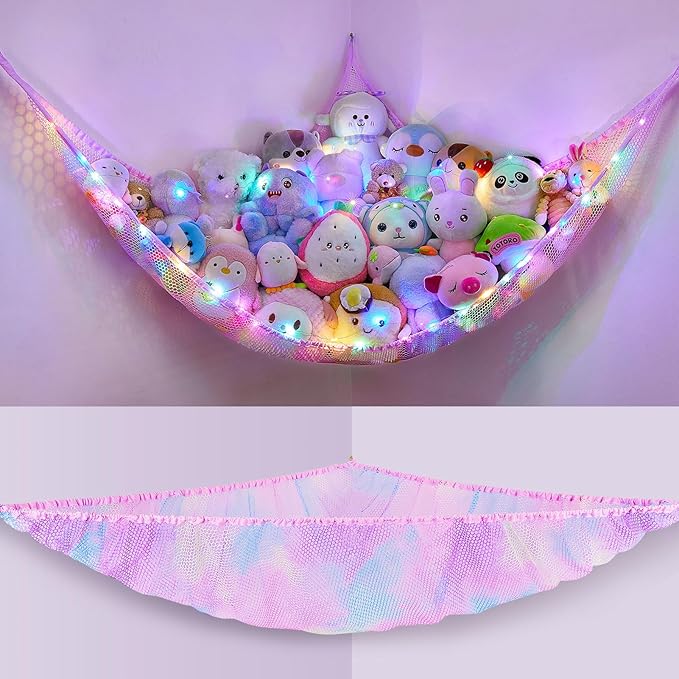 Unicorn Castle Stuffed Animals Net or Hammock Kids Toy Storage Organizer with LED Light Hanging Corner Stuffed Animals Holder Kids Girls Room Decor (Pack of 1)