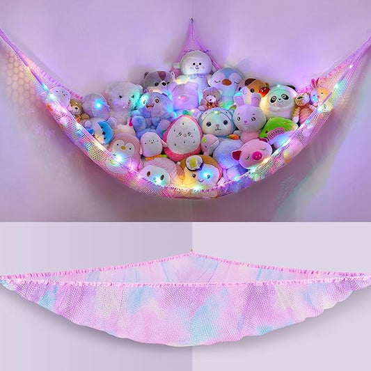Unicorn Castle Stuffed Animals Net or Hammock Kids Toy Storage Organizer with LED Light Hanging Corner Stuffed Animals Holder Kids Girls Room Decor (Pack of 1)