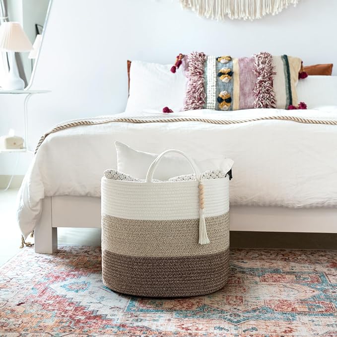 Mkono Woven Storage Basket Decorative Natural Rope Basket Wooden Bead Decoration for Blankets,Toys,Clothes,Shoes,Plant Organizer Bin with Handles Living Room Home Decor, 16"W × 13.8"L