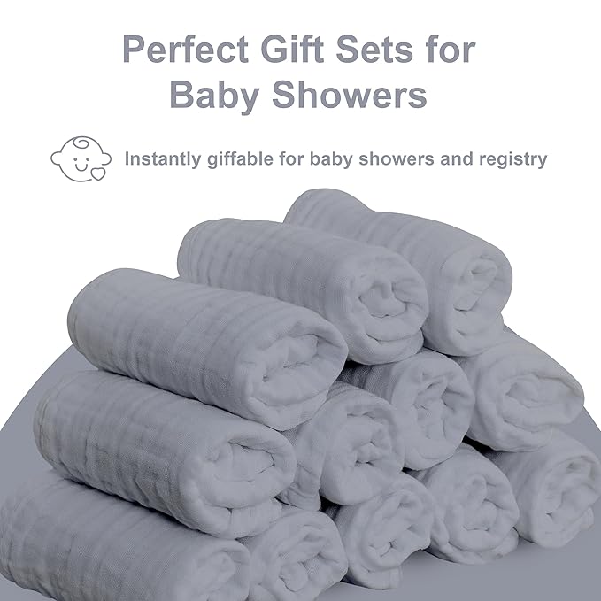 SWEET DOLPHIN 12 Pack Baby Muslin Washcloths - Soft Face Cloths for Newborn, Absorbent Bath Wash Cloths, Wipes, Burp Rag - Toddlers Essentials Stuff, Baby Registry as Shower -10"x10", Grey