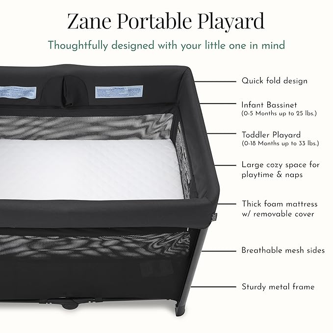 Evolur Zane Portable Playard – Foldable, Removable Mattress, Easy to Use Baby Bassinet for Travel & Home, Black