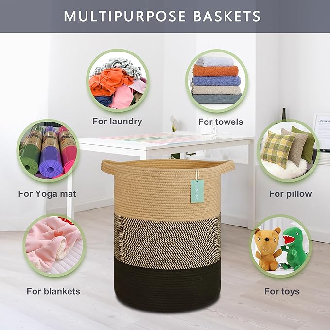 Large Blanket Basket, Nursery Hamper, Tall Laundry Basket 72L, Cotton Rope Woven Laundry Hamper for Storage Toys Clothes Towels, 16”x 22”, Brown & Black