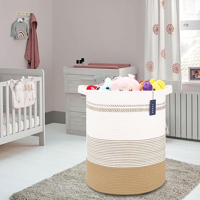 COMSE Extra Large Blanket Basket, Tall Laundry Basket, Nursery Hamper, 15.7”x 21.7”, Cotton Rope Woven Laundry Hamper for Storage Toys Clothes Towels, Brown & White