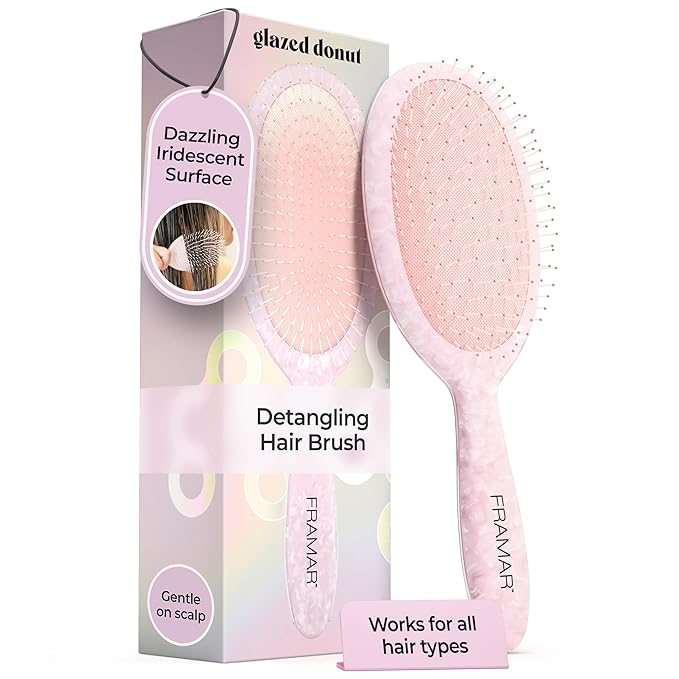 FRAMAR Iridescent Wet Hair Brush Detangler – Detangle Brush For Curly Hair, Hair Detangler Brush For Kids, Holographic Girls Hair Brush, Pink Hairbrush For Women – Removes Knots Without Pulling