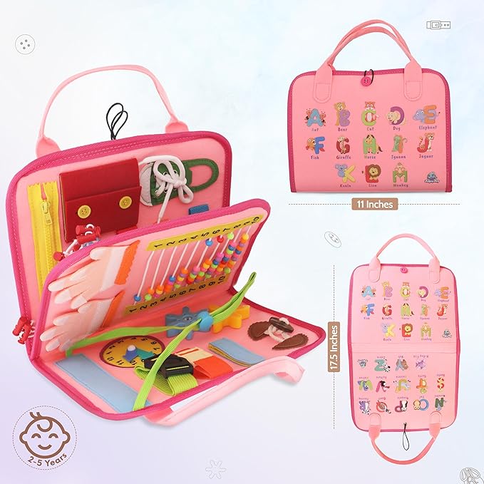 Montessori Busy Board Book, Toddlers, Sensory Activities and Preschool Learning - Toy for Home, Airplane and Car Travel (Pink)