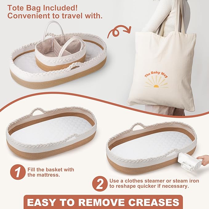 Baby Changing Basket by The Baby Wey, Moses Basket, Foam Basket Pad, 2 Washable Waterproof Pad Covers, Matching Diaper Caddy, Cloth Tote Bag for Traveling, Portable Changing Pad