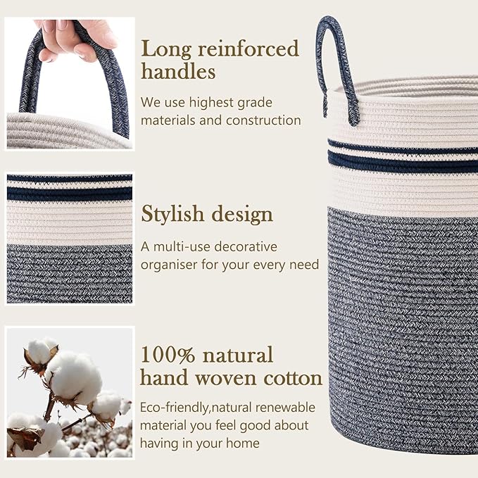 YOUDENOVA Woven Rope Laundry Hamper Basket, 72L Tall Laundry Basket, Baby Nursery Hamper for Blanket Storage in Bedroom-Large-Blue