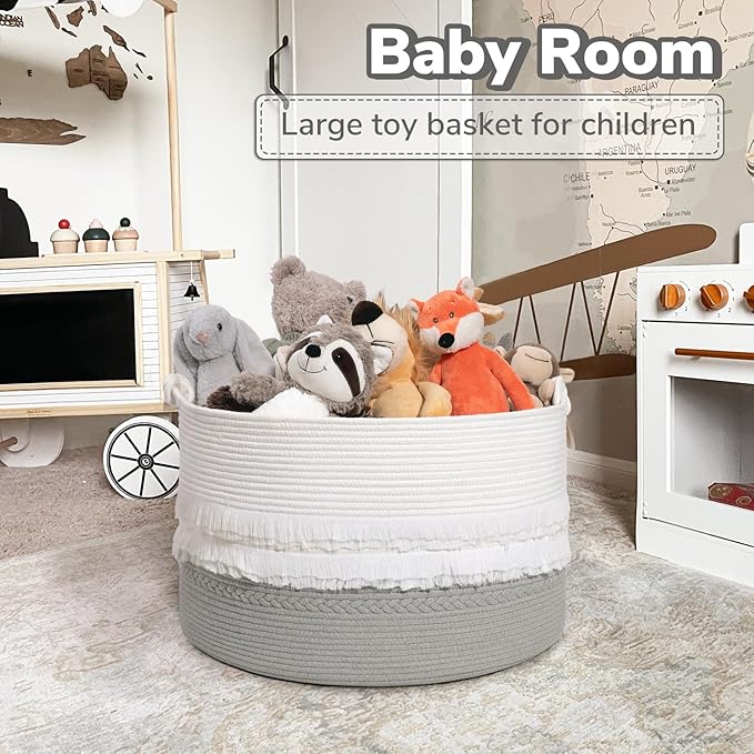 CherryNow Extra Large Rope Basket for Toys, Grey Blanket Basket for Living Room, Entryway, Nursery Laundry Baskets for Clothes, 22 x 14 inches, 83L