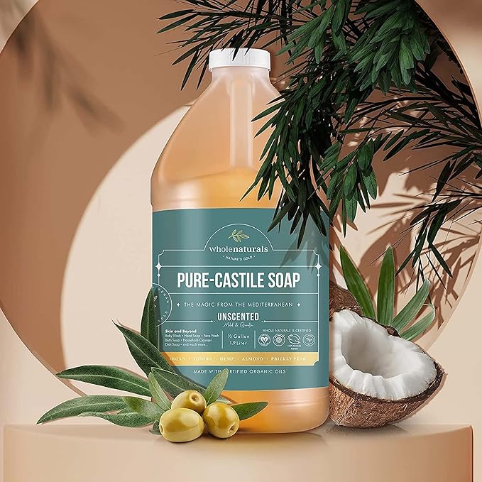 Pure Castile Soap Liquid, EWG Verified & Certified Palm Oil Free Unscented, Natural, Mild & Gentle Non-gmo & Vegan - Organic Body Wash, Laundry, Pet/Dog and Baby Soap - 64 Fl Oz