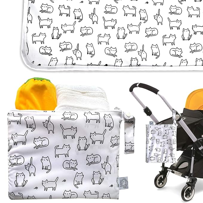 Flock Three Waterproof Baby Diaper Changing Pad with Storage Bag (28.7" X 19.7") Washable Wipeable Reusable Leak Proof Diaper Travel Mat Station Changing Mattress Liner Cribs Bed Cover, Cats