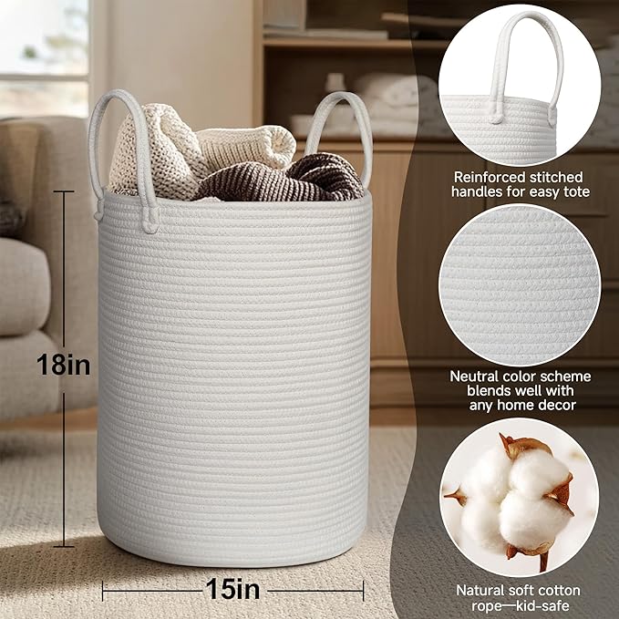 Large White Laundry Basket, 15"x18" Tall Blanket Storage Living Room, XL Cotton Rope Toy Bin for Organizing, Wicker Woven Baby Nursery Laundry Hamper with Handle, White Room Decor Aesthetic
