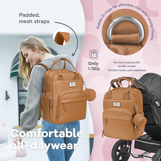 RUVALINO Diaper Bag Backpack-Multifunction Baby Travel Bag with Changing pad, Insulated Bottle Holders & Pacifier Case, Large Capacity, Waterproof, Dark Brown