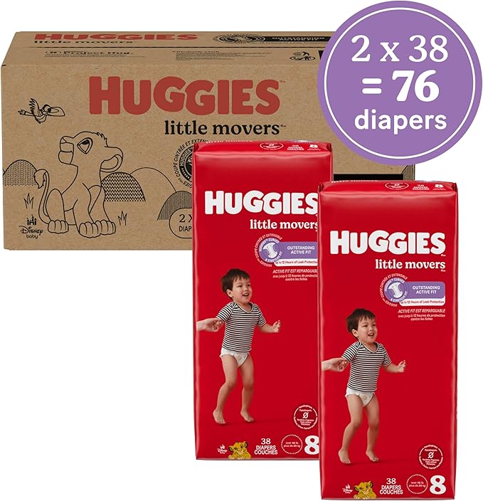 Huggies Size 8 Diapers, Little Movers Baby Diapers, Size 8 (46+ lbs), 76 Count (2 Packs of 38), Packaging May Vary