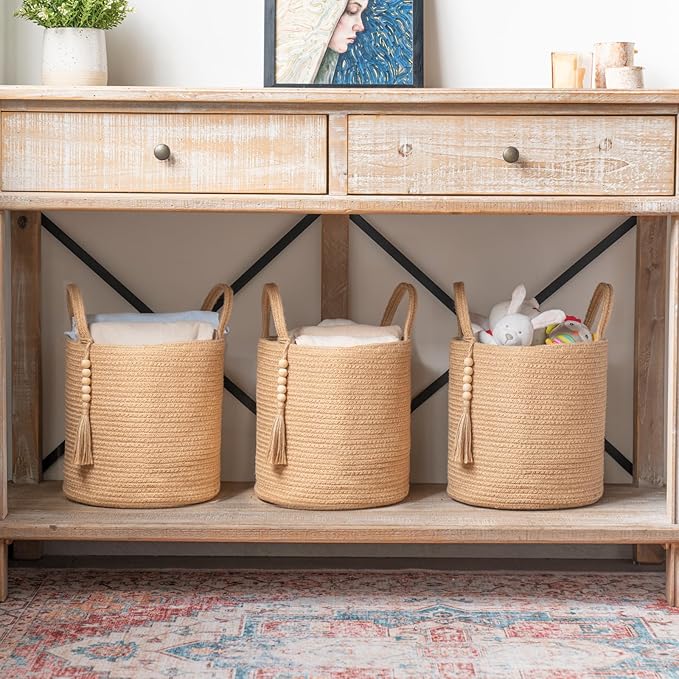 Mkono Woven Storage Basket Decorative Natural Rope Basket Wooden Bead Decoration for Blankets,Toys,Clothes,Shoes,Plant Organizer Bin with Handles Living Room Home Decor (Brown, 28 x 28cm)