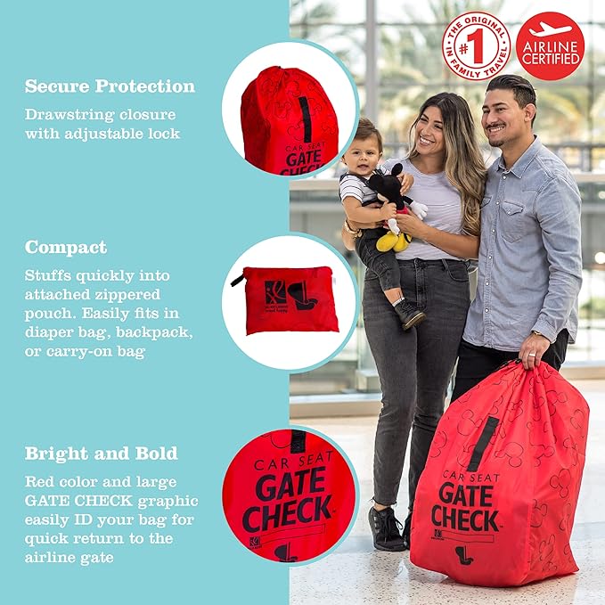 J.L. Childress Disney Baby Gate Check Bag for Car Seats - Travel Bag for Airplane, Fits All Baby & Infant Car Seats, Airport Accessories for Gate Check, Flying Essentials - Mickey Mouse, Red