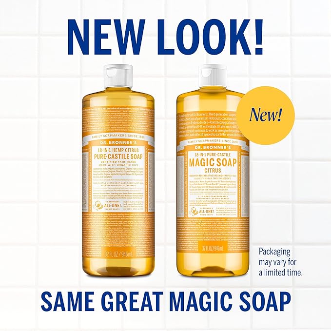Dr. Bronner's Pure-Castile Magic Soap Liquid, Citrus, Made with Organic Oils for Body, Face, Hair, Dishes, Laundry, Vegan Bath Soaps for Men & Women, Non-GMO, 18-in-1 Multi-Use - Citrus, 32oz + Refill