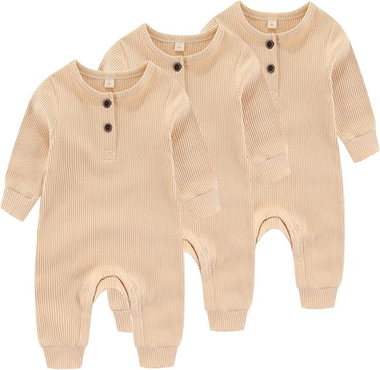 Newborn Baby Boys Girls One Piece Romper With Mitten Cuffs 3 Pack Long Sleeve Ribbed Button Jumpsuit Outfit Clothes