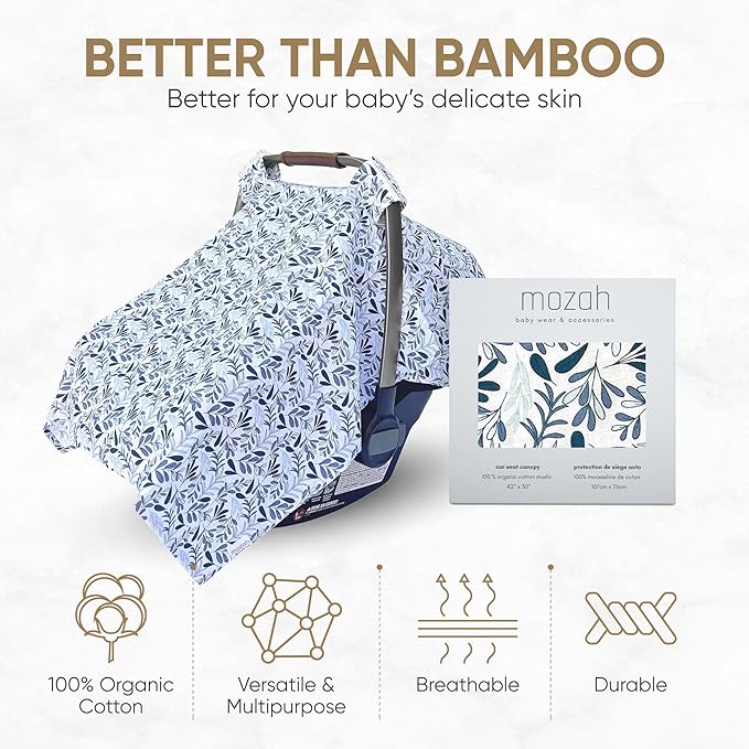 MOZAH Baby Car Seat Cover - Blue Leaves - 100% Organic Muslin - Soft, Breathable and Lightweight, Baby Infant Car Seat Essentials