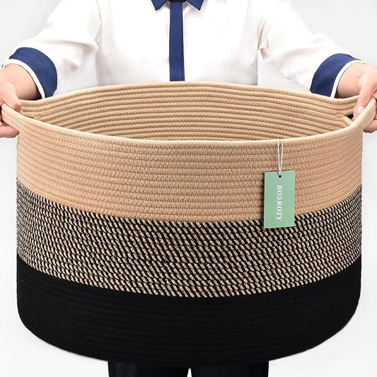 Extra Large Blanket Basket 87L, Laundry Hamper, Baby Nursery Hamper for Storage Toys Clothes Towels, Large Cotton Rope Laundry Basket for Girls Boys, 22”x 14”, Brown & Black