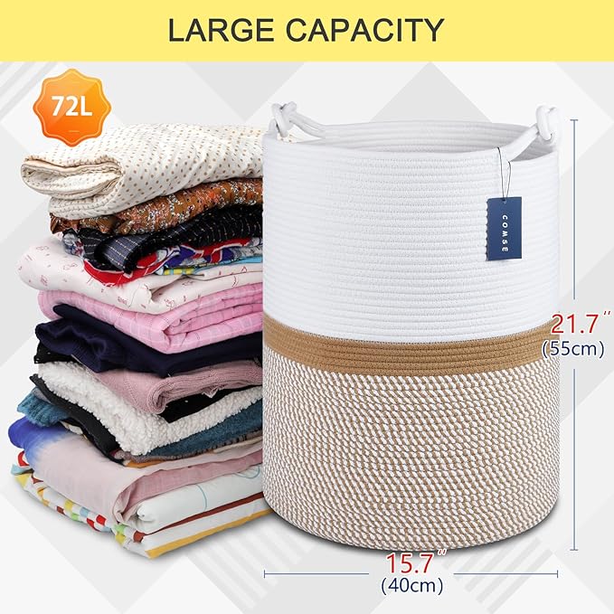 COMSE Extra Large Blanket Basket, Tall Woven Storage Basket, Nursery Hamper, 15.7”x 21.7”, Cotton Rope Laundry Hamper for Toys Clothes Towels, Blend White/Camel