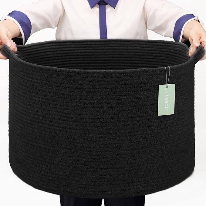 Extra Large Blanket Basket 87L, Laundry Hamper, Baby Nursery Hamper for Storage Toys Clothes Towels, Large Cotton Rope Laundry Basket for Girls Boys, 22”x 14”, Black