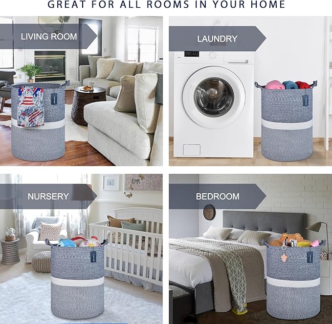 COMSE Extra Large Blanket Basket, Tall Woven Storage Basket, Nursery Hamper, 15.7”x 21.7”, Cotton Rope Laundry Hamper for Toys Clothes Towels, Blend Navy Blue/White