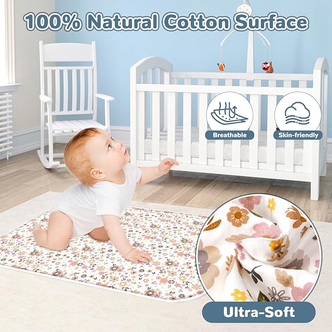 Baby Diaper Changing Pad – 31.5" x 21.5" Extra Large Waterproof Absorbent Portable Changing Mat, Reusable Changing Pad Liner for Travel or at Home Use(Floral2)