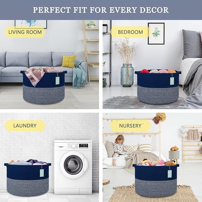 Extra Large Blanket Basket 87L, Laundry Hamper, Baby Nursery Hamper for Storage Toys Clothes Towels, Large Cotton Rope Laundry Basket for Girls Boys, 22”x 14”, Navy Blue