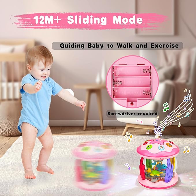 Baby Girl Toys 6-12 Months: Babies Ocean Rotating Light Up Musical Toys 12-18 Months Crawling Learning Infant Toy for Toddlers 1 2 3 Years Old Baby Girl (Pink)