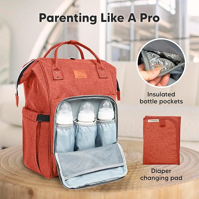 KeaBabies Baby Diaper Bag Backpack - Large Baby Bag for Boys, Girls, Waterproof Multi Function Travel Diaper Backpack with Changing Pad, Durable Travel Essentials for Moms and Dads (Rustic Red)
