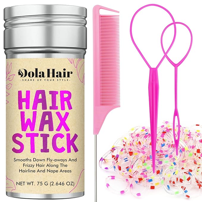 Dolahair Hair Wax Stick & Accessories - Flyaway Control for Kids & Women, 50 Pcs Colorful Elastic Hair Bands, 1 Pcs Slick Back Hair Brush, 2 Hair Loop Styling Tools (Pink)