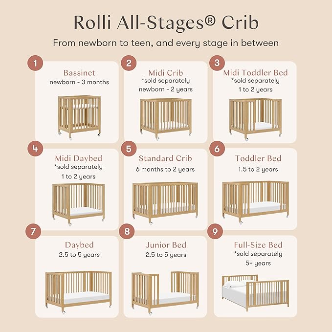 babyletto Rolli 9-in-1 Convertible Baby Crib w/Wheels - Includes Pad & Conversion Kits for Bassinet, Standard Crib, Toddler Bed, Daybed & Junior Bed - GREENGUARD Gold - 3 Adjustable Heights - Honey