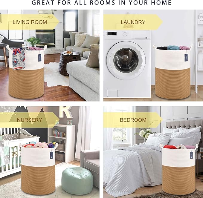 COMSE Extra Large Blanket Basket, Tall Woven Storage Basket, Nursery Hamper, 15.7”x 21.7”, Cotton Rope Laundry Hamper for Toys Clothes Towels, White/Camel