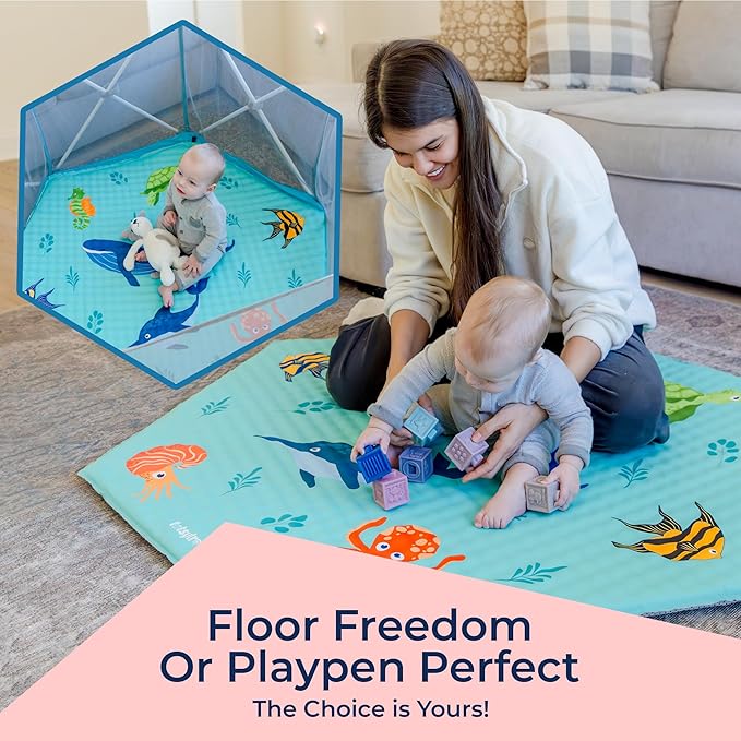 Self Inflating Hexagon Playpen Mat - 52" x 45" Non-Slip Cushioned Portable Play Area - Thick Soft Baby Play Mats for Floor - Easy Care Playmat for Infants and Toddlers - Baby Crawling Mat - Marina