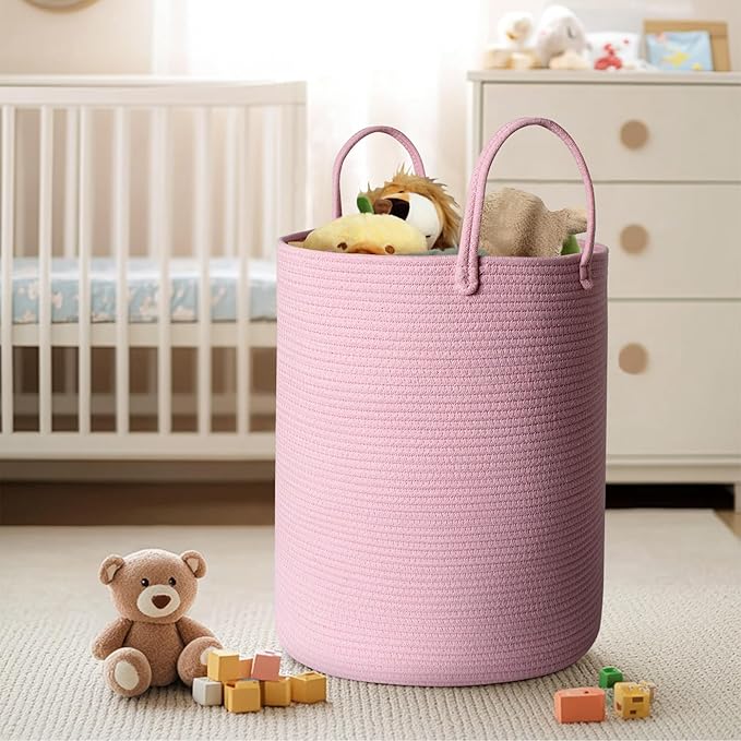 Large Pink Laundry Basket, 15"x18" Tall Blanket Storage for Living Room, Woven Cotton Rope Laundry Hamper for Girls Baby, Pink Room Decor Aesthetic, Decorative Clothes Hamper for Towels Toys