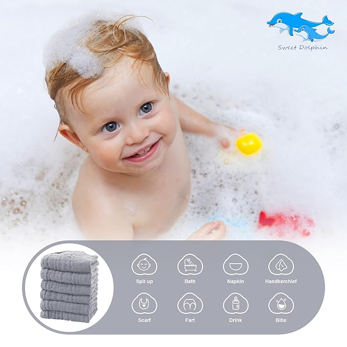 SWEET DOLPHIN 12 Pack Baby Muslin Washcloths - Soft Face Cloths for Newborn, Absorbent Bath Wash Cloths, Wipes, Burp Rag - Toddlers Essentials Stuff, Baby Registry as Shower -10"x10", Grey