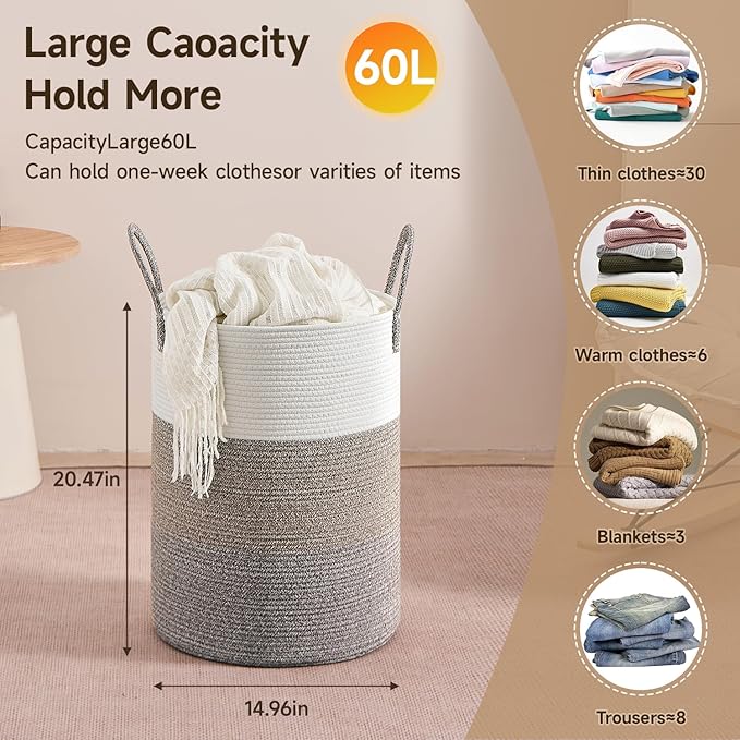 CLHMILY&Z 60L Laundry Basket Round Storage Rope Basket - 15x20.5 Inches - Laundry Hamper in Bedreoom and Mutil Storage Bin for Blankets, Toys, and Nursery Essentials