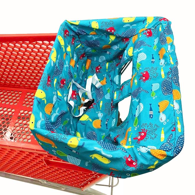 Portable Shopping Cart Cover, High Chair and Grocery Cart Covers for Babies, Kids, Infants & Toddlers, Attached Carry Bag (Blue Seaworld)