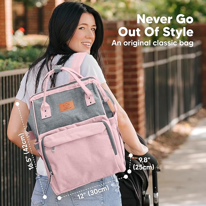 KeaBabies Baby Diaper Bag Backpack - Large Baby Bag for Boys, Girls, Waterproof Multi Function Travel Diaper Backpack with Changing Pad, Durable Travel Essentials for Moms and Dads (Pink Gray)