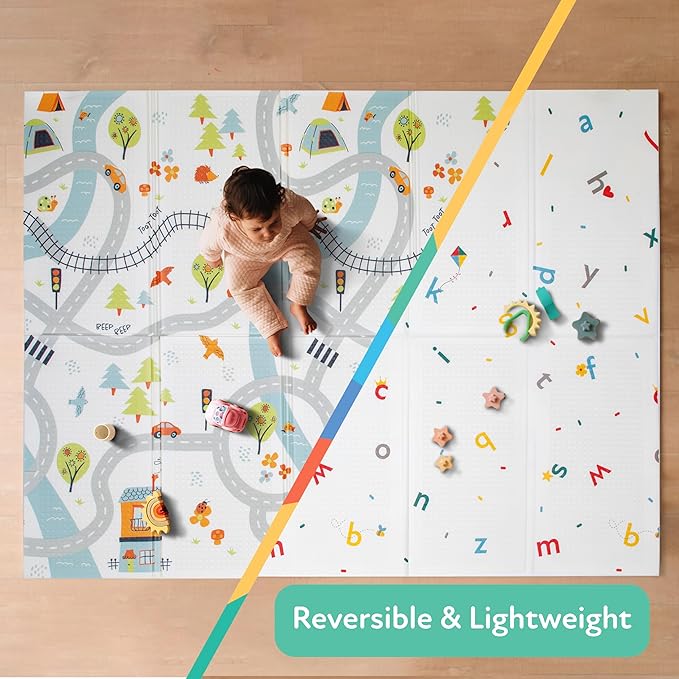 Nuby Reversible Baby Floor Mat - Foldable and Lightweight Foam Infant Play Mat - 77" x 58" - Easy Storage and Travel - Car Tracks/Alphabet