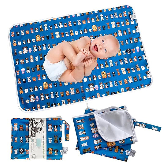 Flockthree Waterproof Baby Changing Pad with Storage Bag (43.3" X 28.7") Washable Wipeable Reusable Leak Proof Diaper Travel Mat Station Changing Mattress Liner Cribs Bed Cover, Dog Family