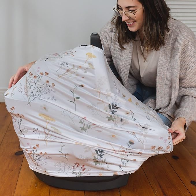 Pobi Baby Premium Multi-Use Cover - Nursing Cover, Baby Car Seat Covers, Shopping Cart, High Chair, and Breastfeeding Cover - Ultra-Soft, Stretchy, Floral Scarf for Baby and Mom (Wildflower)