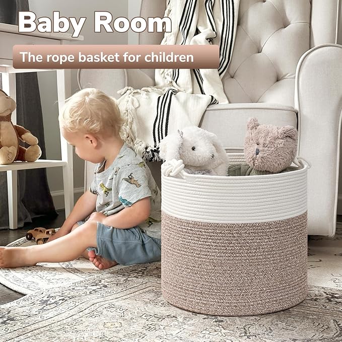 Goodpick Woven Laundry Basket, 15 x 14.2 Inches Cotton Rope Basket for Blankets, Soft Blanket Storage Baskets with Handles for Living Room, Woven Toy Storage Organizer for Nursery, Brown