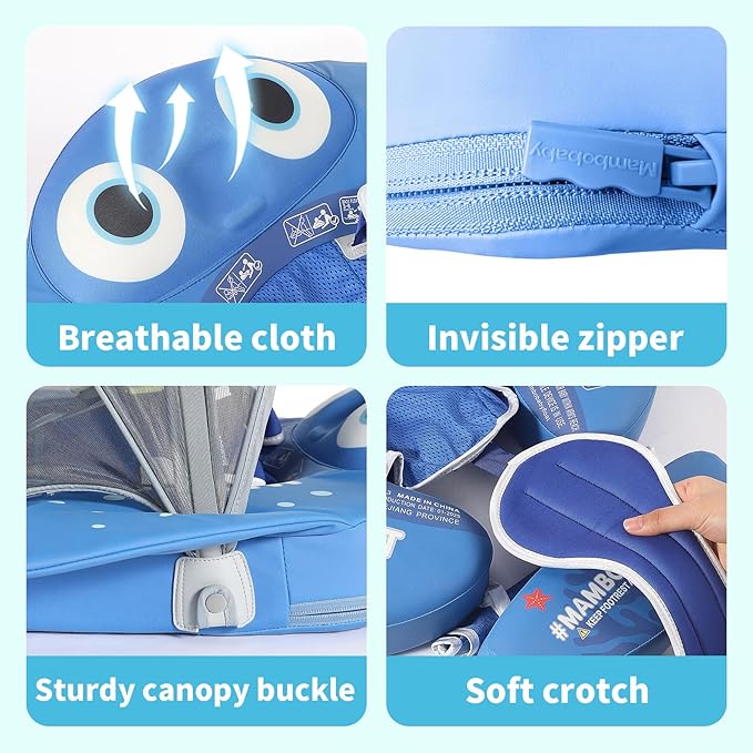 Mambobaby Float with Canopy and Tail New Upgraded Non-Inflatable Baby Pool Float Mambo Float Swim Trainer Solid Infant Swim Float Adjustable Pearl Foam Baby Swim Ring