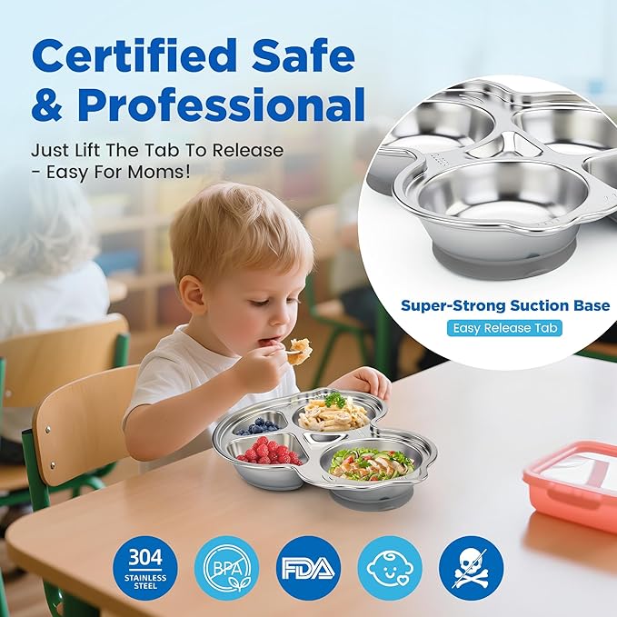 Stainless Steel Baby Suction Plates: Divided Plates Designed for Babies and Toddlers, Made of 100% Food-Grade Materials Ideal for Baby-Led Weaning BPA-Free Toddler Feeding Dishwasher Safe Gray